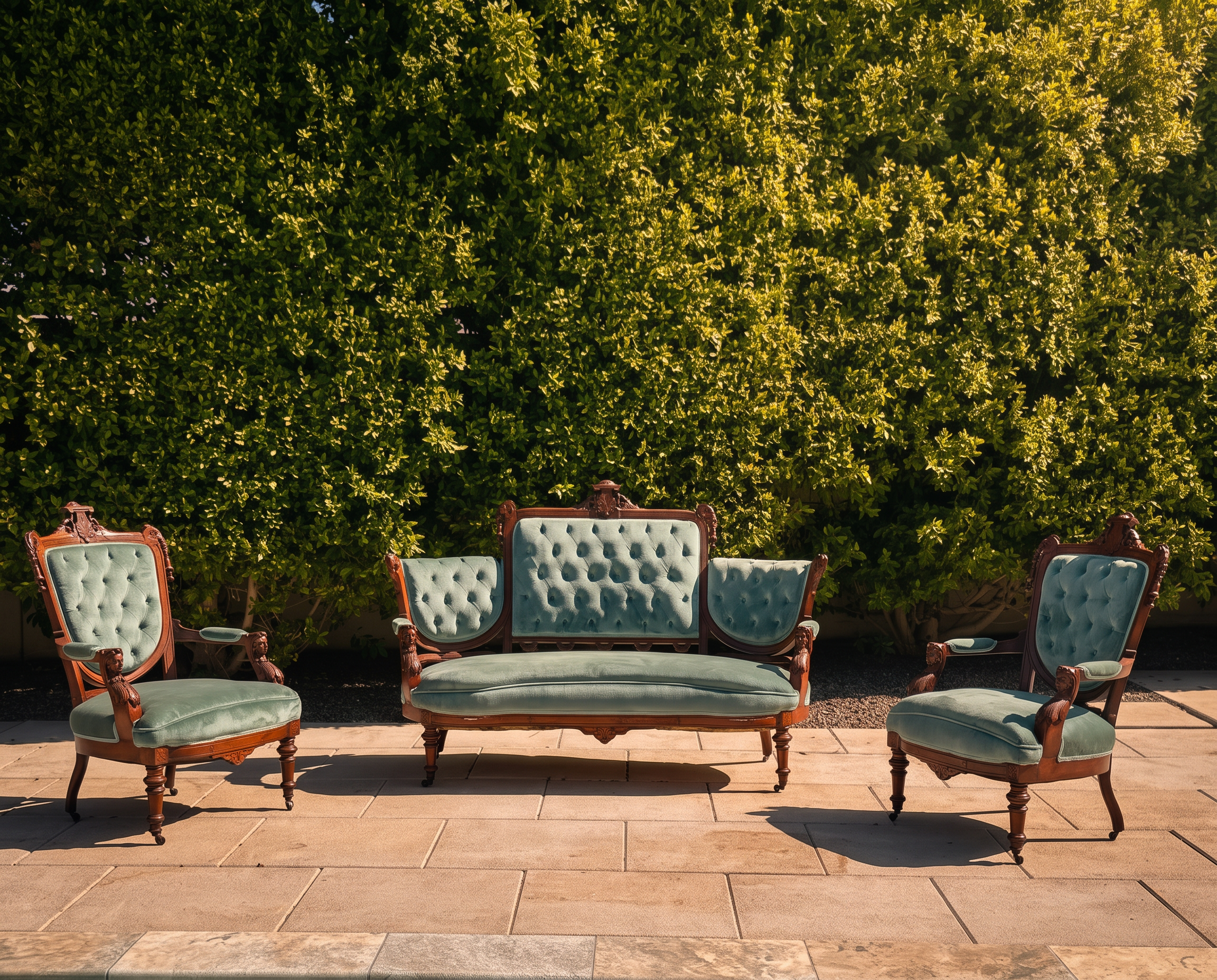 Antique three-piece Victorian lounge set with tufted sage velvet and carved walnut frames