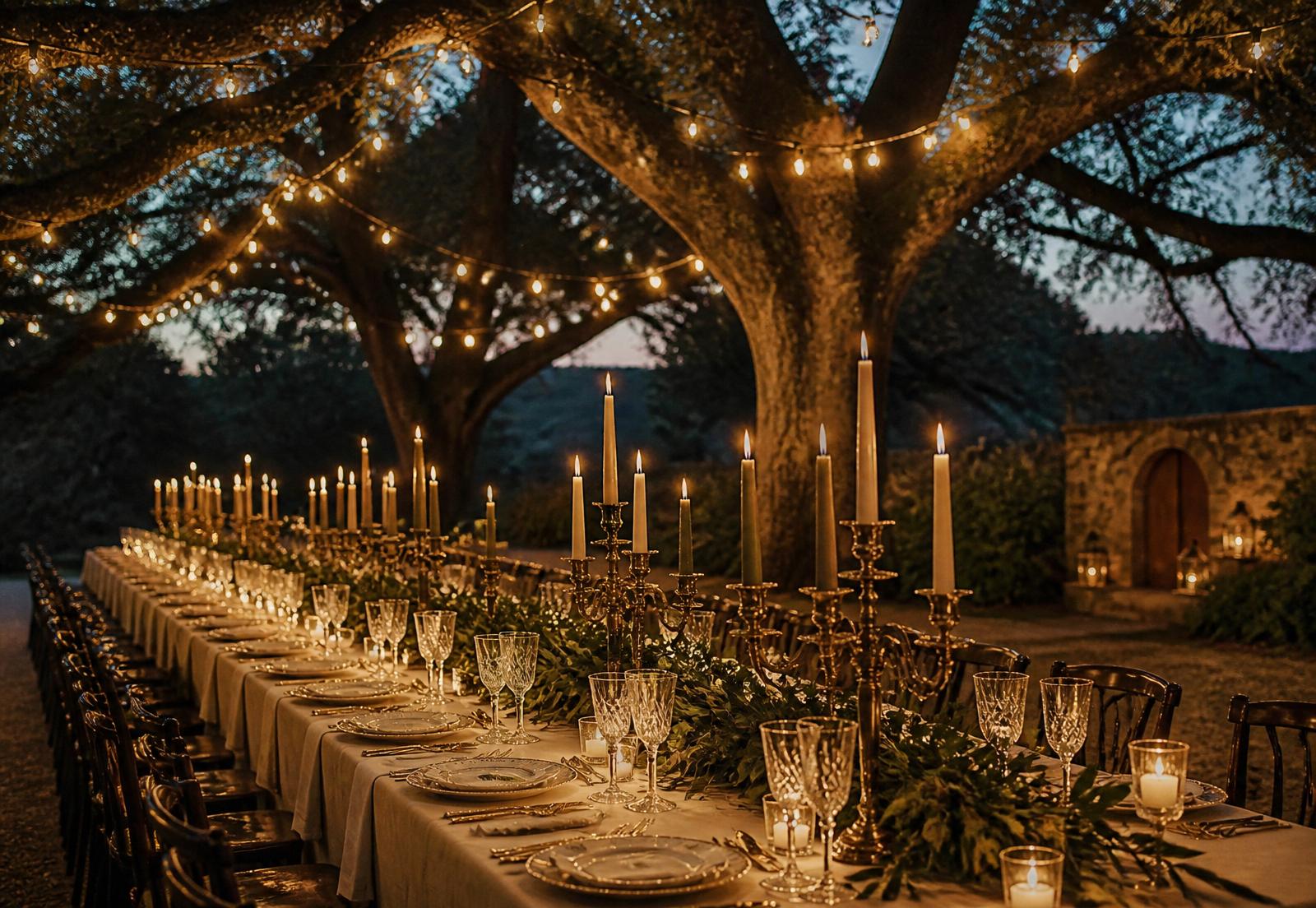 Candlelit gathering with brass and crystal after dark