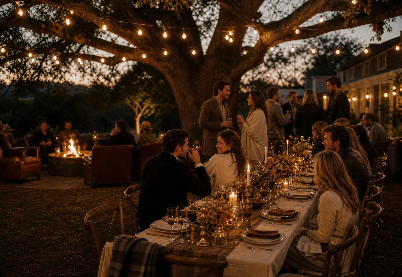 Long walnut farm table dressed with brass, crystal, and candlelight