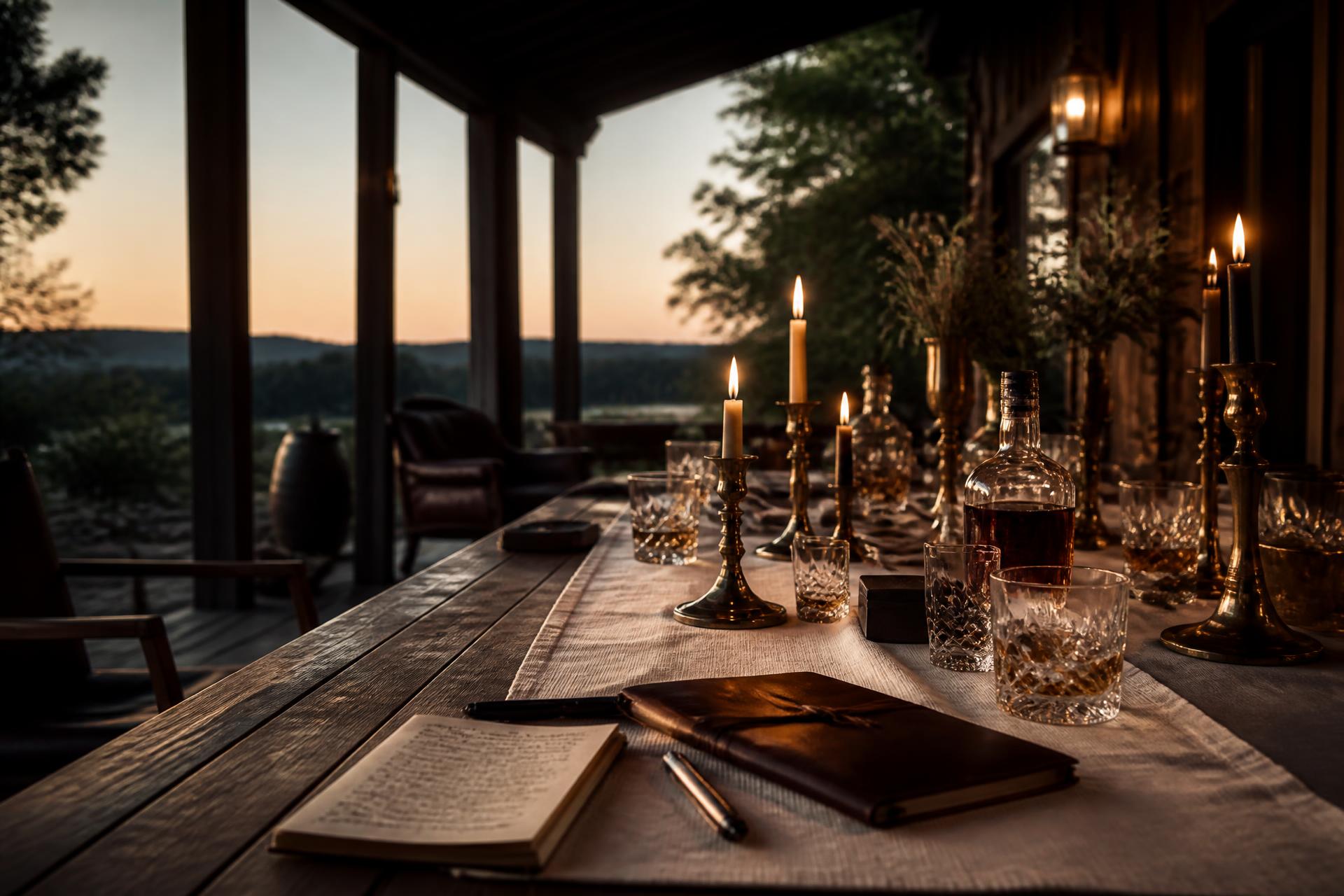 Candlelit walnut table with brass, crystal, and Persian rug at dusk