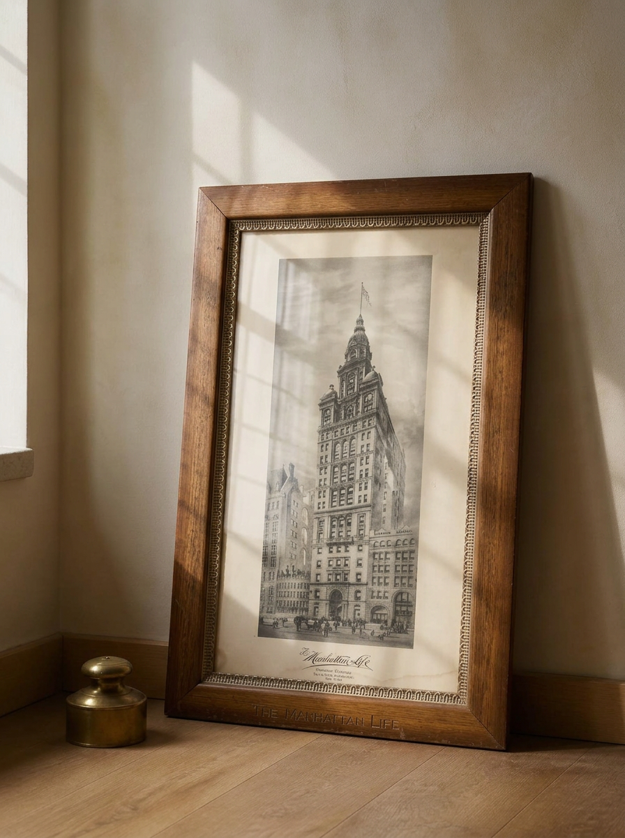 Framed black and white architectural print of a tower building in a carved oak frame