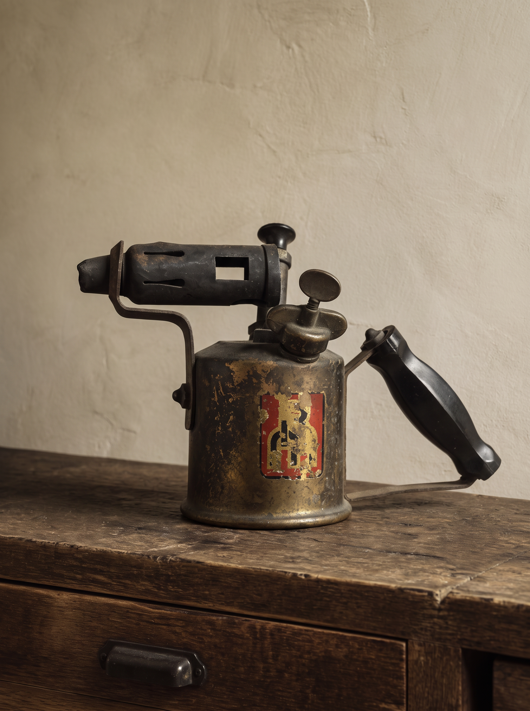 Vintage brass blow torch with a worn painted label on a wood surface