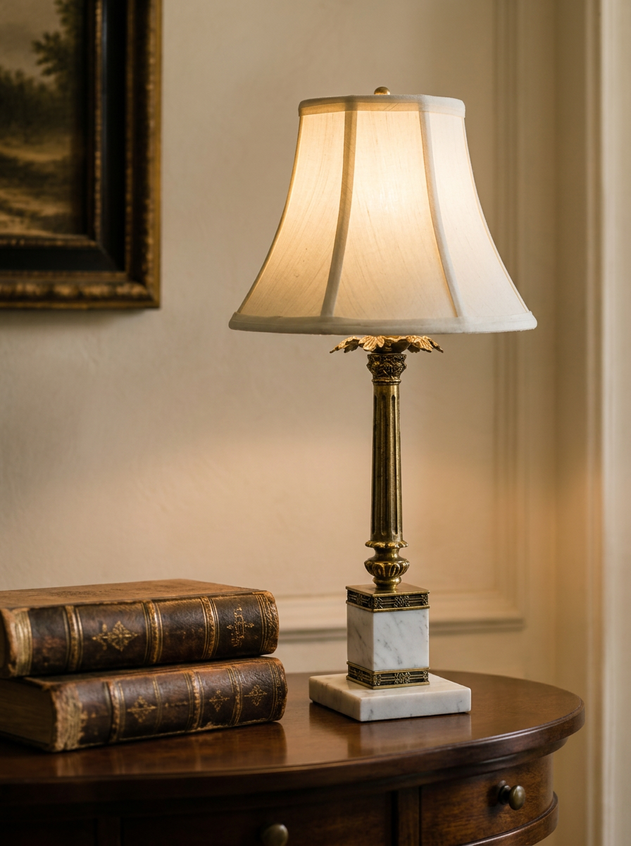 Brass column table lamp on a marble base beside a stack of old books