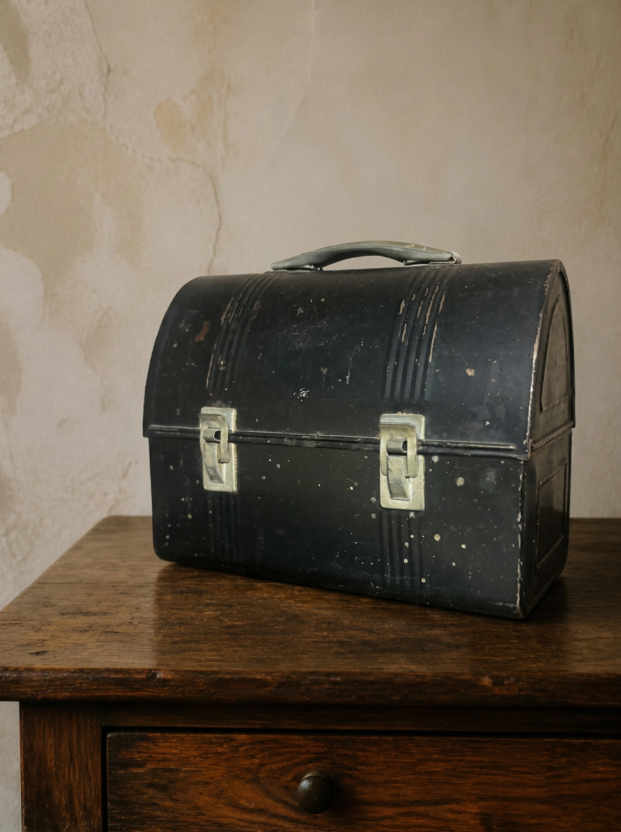 Black domed metal lunch pail with chrome latches on a wood table