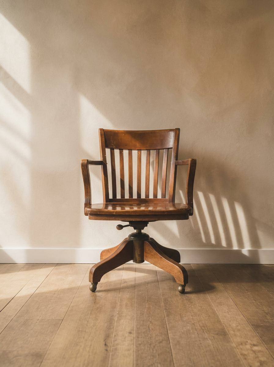 Wood banker's style swivel office chair with curved arms and casters